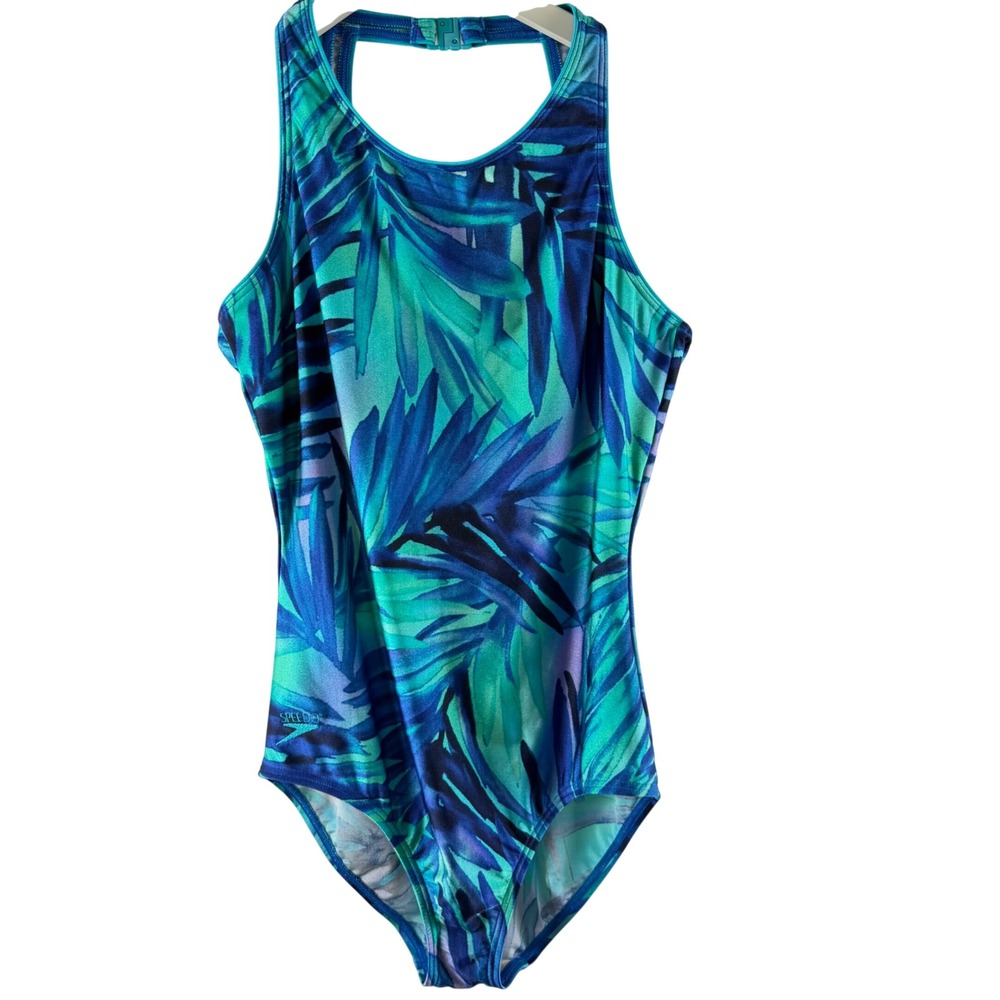 Speedo Womens Blue Teal Tropical Palm Leaf One Piece Swimsuit Sz 14 7230019